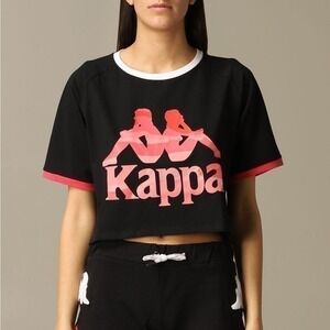 Kappa Authentic Sand Caraff Black Red Cropped Crewneck Graphic Logo T-Shirt NWT